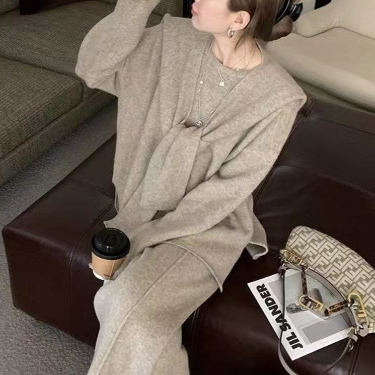 【毛衣+披肩+三件套】秋冬休闲慵懒风成套套装高级感圆领针织毛衣潮