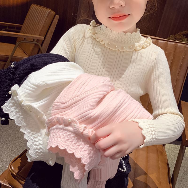 女童毛衣冬装2025新款洋气儿童花边领针织打底衫女孩韩版内搭上衣