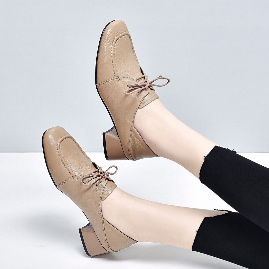 2025新款真皮羊皮单鞋女鞋中跟粗跟英伦风系带纯色软皮系带工作鞋