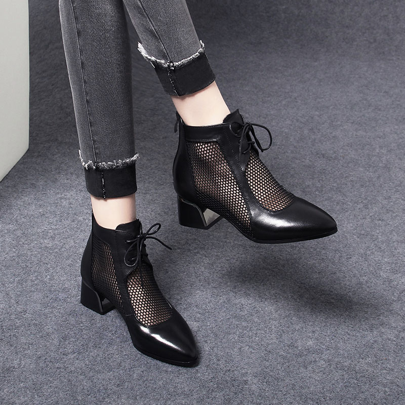 系带尖头凉靴夏季透气网靴气质软底软面真皮镂空短靴舒适粗跟凉鞋