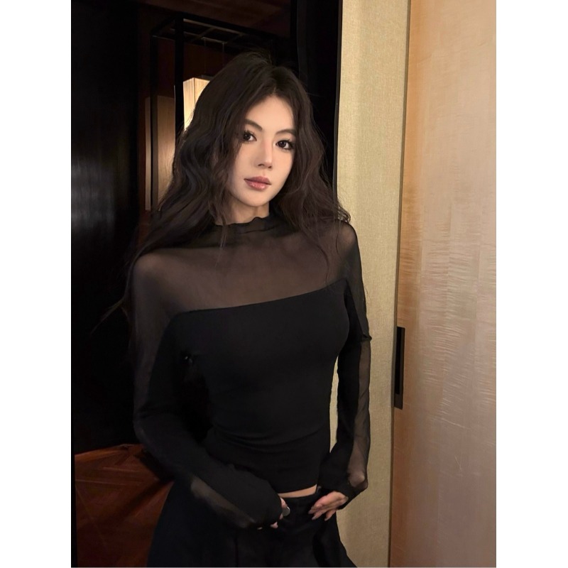 纯欲辣妹半高领透视网纱上衣长袖T恤女春秋冬黑色修身内搭打底衫