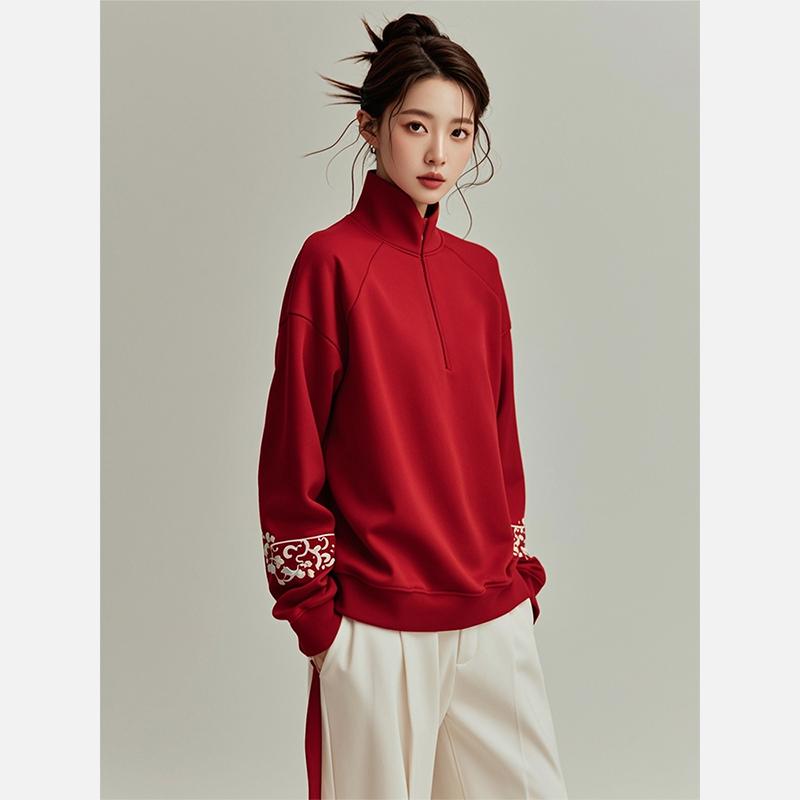 2026秋季新款女装超好看独特别致小众新中式国风上衣红色卫衣外套