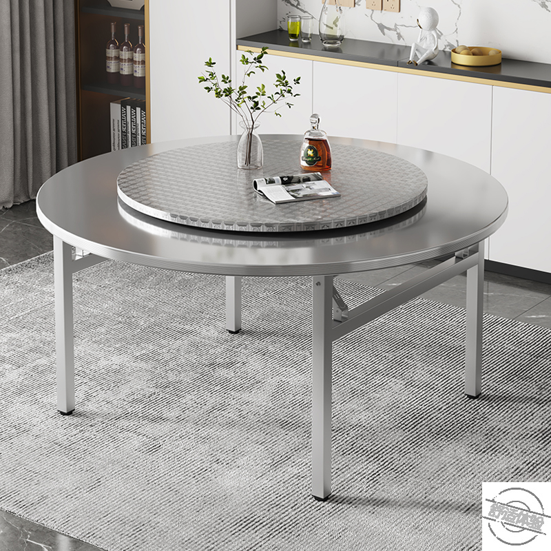 酒店特厚不锈钢转盘轻奢圆桌内带转盘内嵌转盘折叠圆桌餐饭桌简易