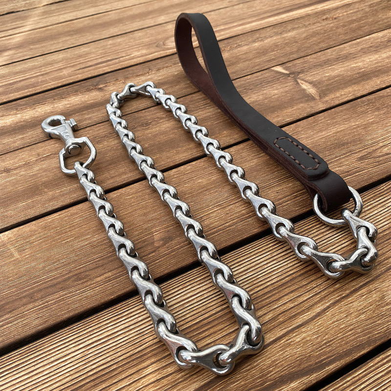 牛皮遛狗绳牵引绳304不锈钢牵引链中大型犬猛犬龙骨狗链子防咬