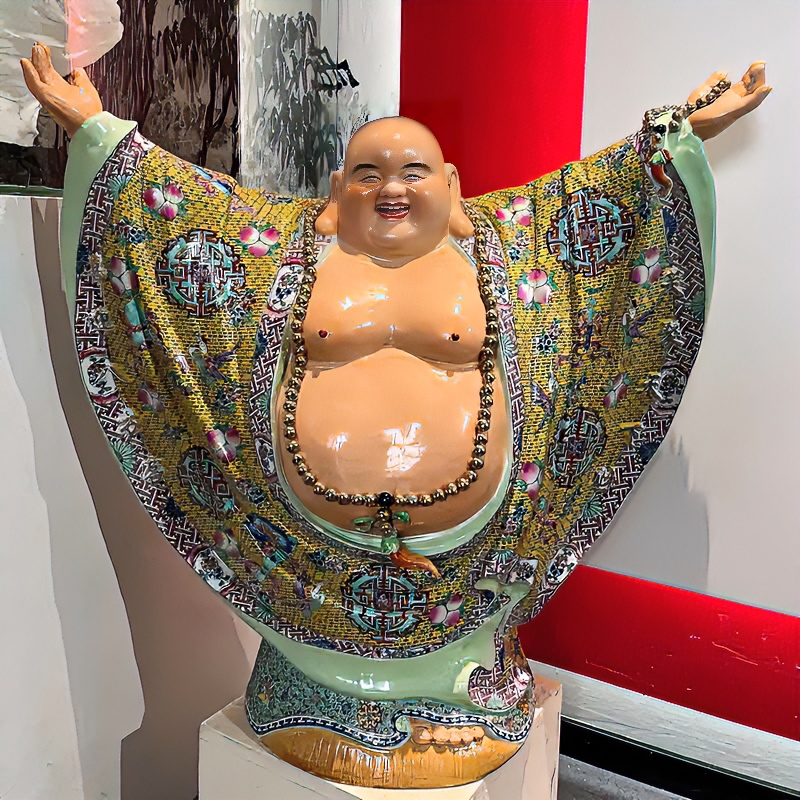 欢喜弥勒佛景德镇雕塑瓷粉彩站像大肚弥勒佛笑佛中式店铺会所摆件