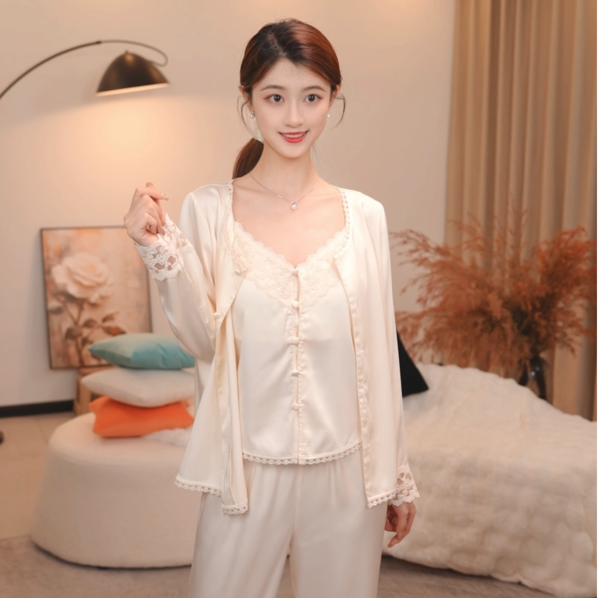板栗小姐【卿纱套装H】新品春秋薄款长袖吊带宽松套装蕾丝家居服