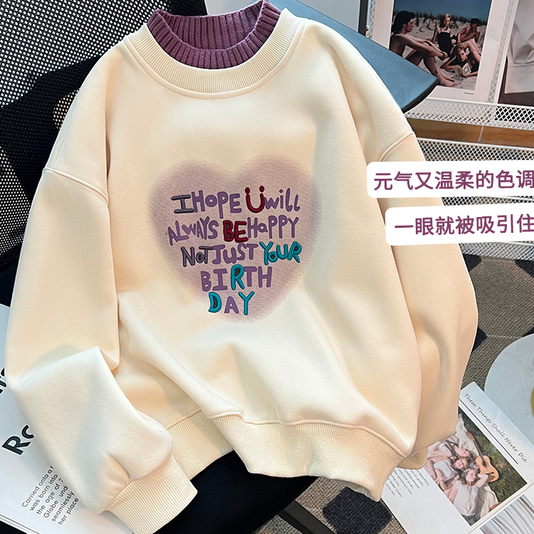 女童加绒卫衣秋冬2025新款休闲保暖上衣小女孩一体绒半高领童装潮