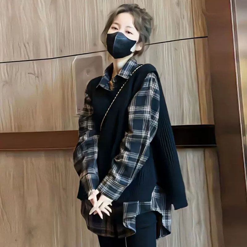 春秋女装2025新款高级感小个子奶系穿搭韩版格子衬衫马甲两件套装