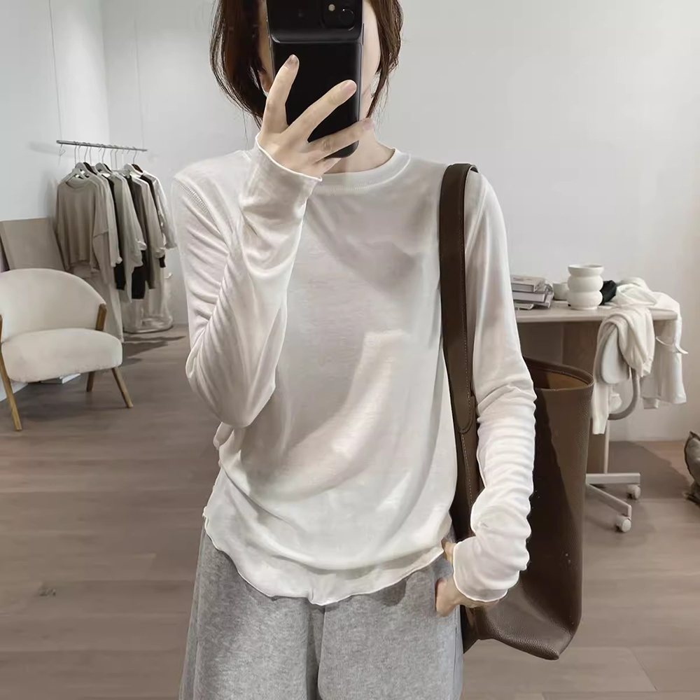 圆领t恤女秋季新款简约显瘦韩版基础款长袖绵羊毛上衣减龄打底衫