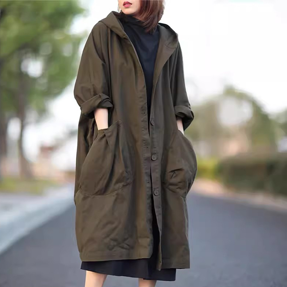 连帽风衣女士春秋季新款中长款大衣工装外套复古大码纯棉过膝上衣