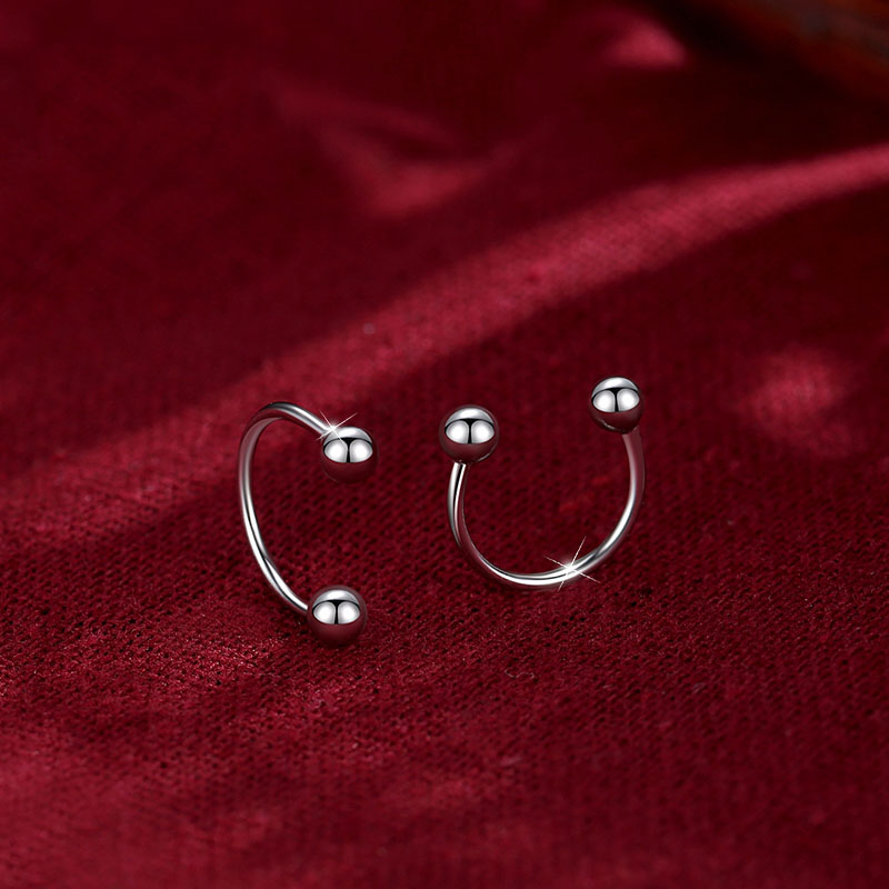 足银耳饰 U形耳钉女999纯银螺丝拧扣免摘耳蜗钉C杆耳骨钉双球耳环