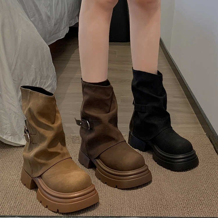 英伦风裤管靴女士2025秋季新款时尚流行洋气复古粗跟美拉德短靴子