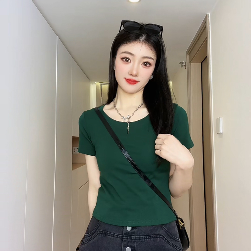 新款短袖t恤女夏季网红棉T显瘦修身百搭圆领纯色设计感时尚上衣