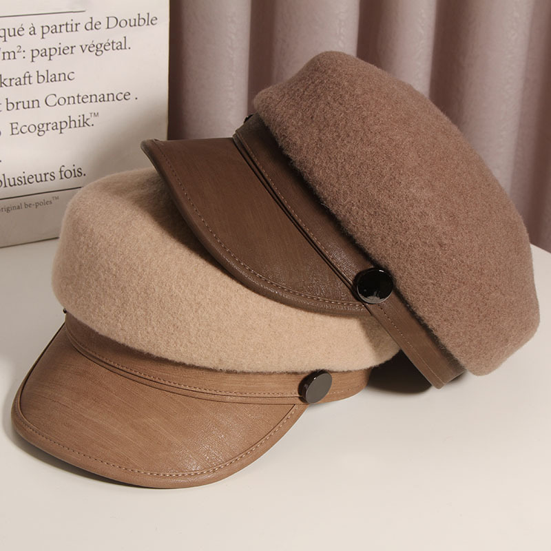 新款日系冬皮沿海军帽保暖女时尚鸭舌帽贝雷帽英伦复古八角报童帽