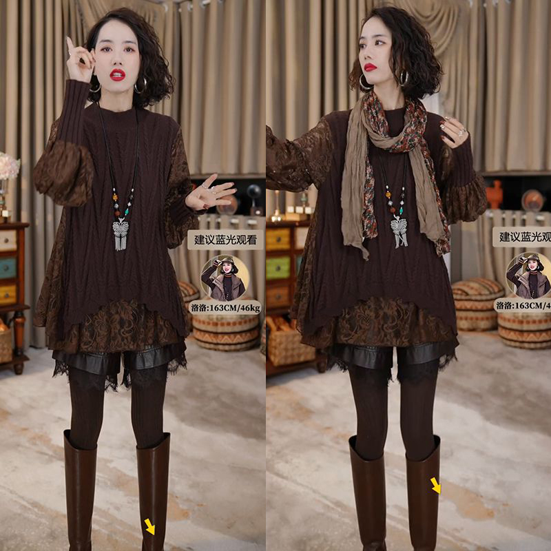 慵懒风宽松拼接针织衫女欧洲站2024冬季新款洋气百搭中长款毛衣潮