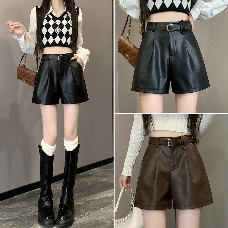 pu皮短裤女小个子2025年秋冬百搭高腰显瘦a字阔腿裤宽松外穿靴裤