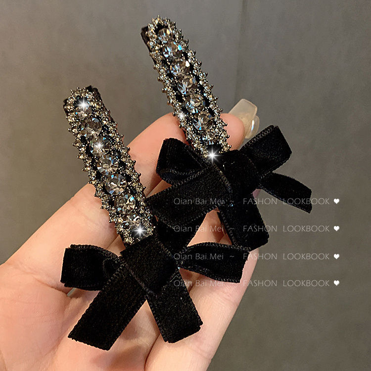 轻奢复古丝绒蝴蝶结发夹小香风灰色水钻高级感刘海夹一字夹边夹女