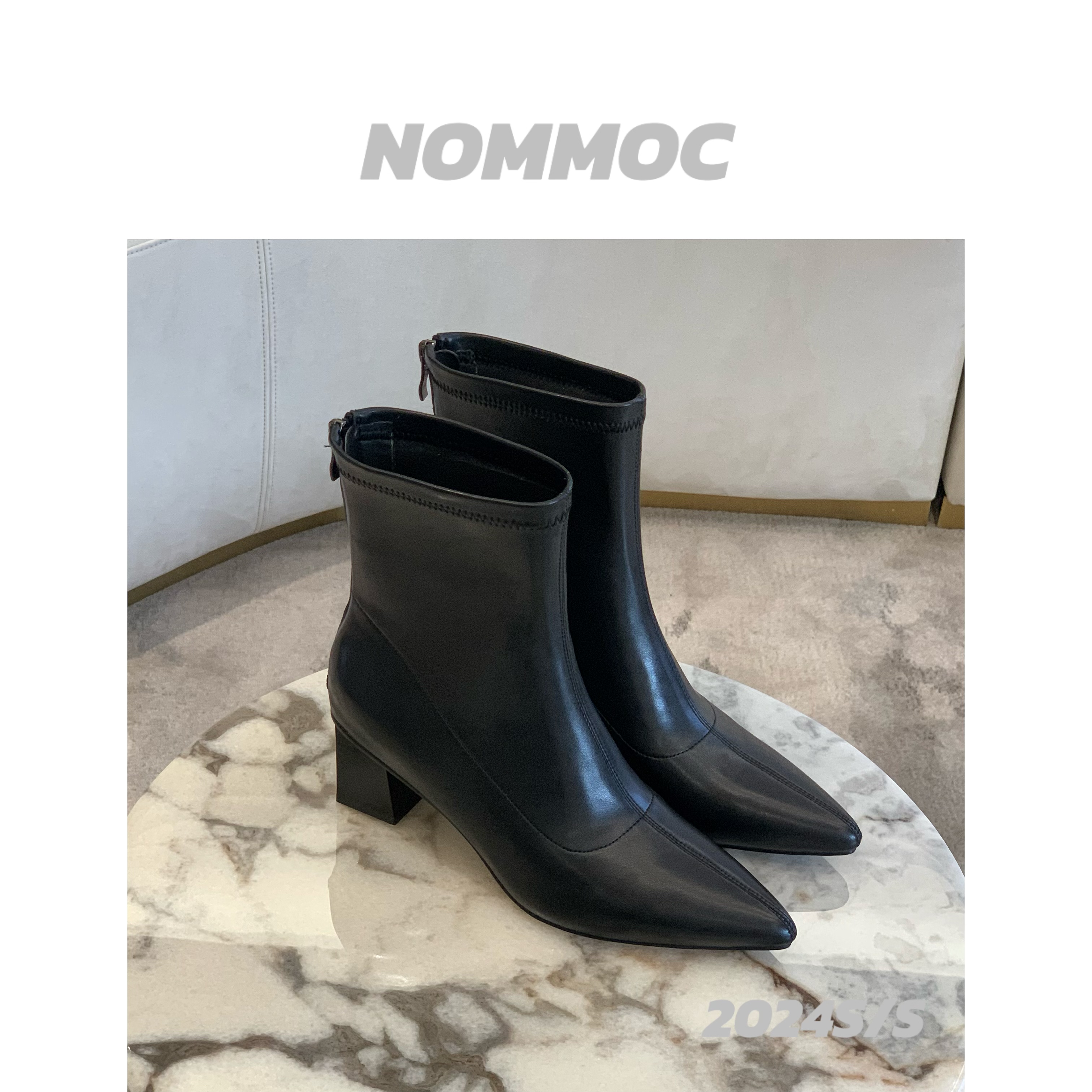 羊皮百搭中跟后拉链时尚短靴 JY-5869