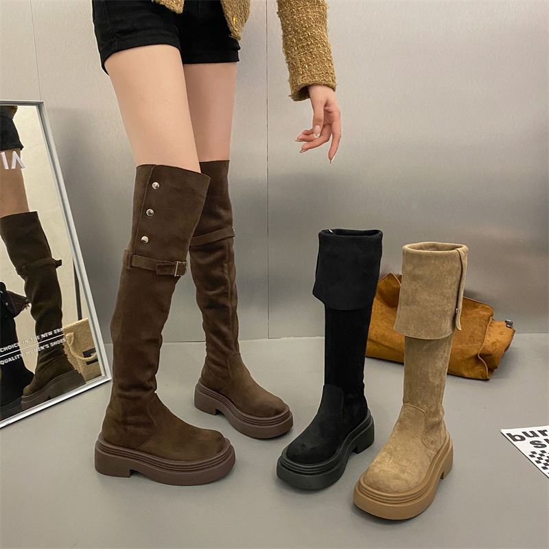贾不假过膝厚底长筒靴女款2025秋冬加绒两穿百搭靴子胖mm小腿外翻