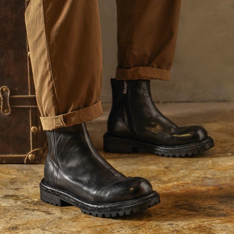 重工水洗尔西靴男款马皮厚底皮靴侧拉链手工大头英伦复古马丁靴潮