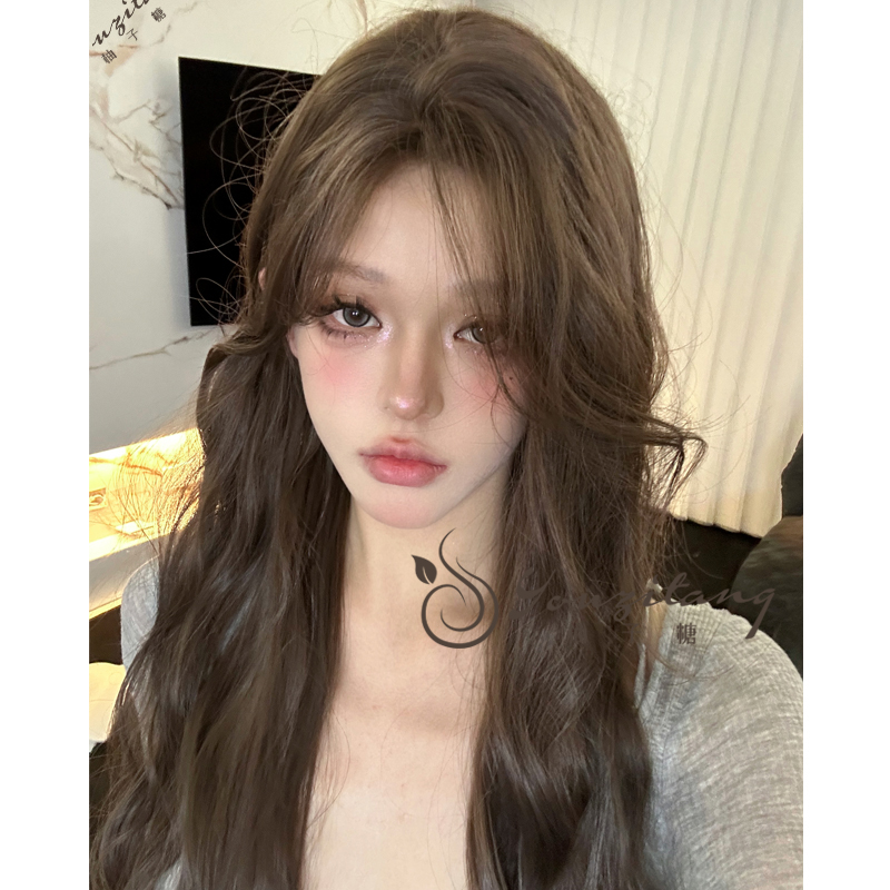 假发女小额蕾丝自然长卷发中分百搭日常全头套冷木色小圆