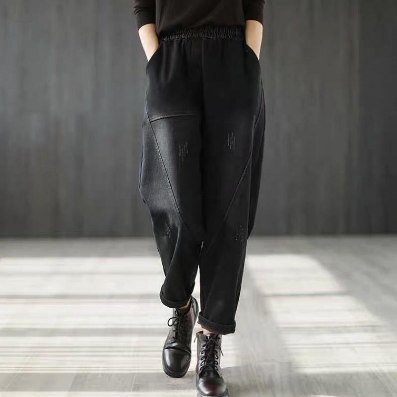 春秋新款松紧腰牛仔长裤时尚大码宽松显瘦哈伦裤女高腰休闲百搭