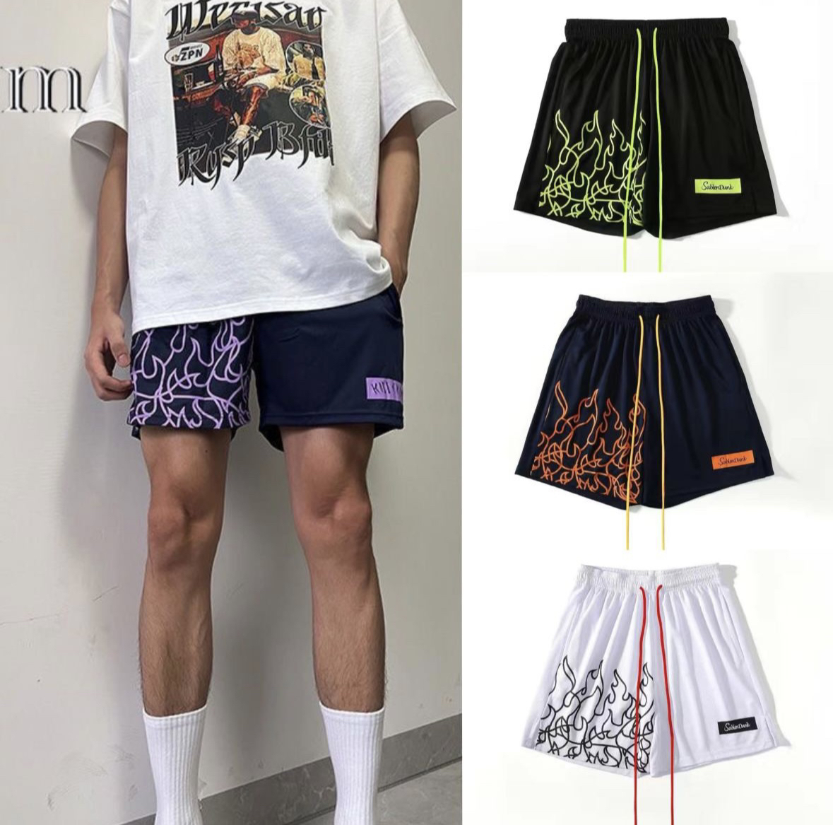 夏季新款火焰印花网眼速干篮球短裤男宽松运动透气美式宽松四分裤