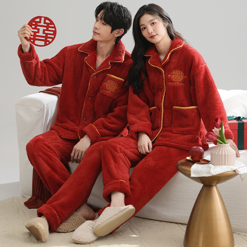 冬季情侣睡衣女红色喜庆新婚长毛绒长袖新款珊瑚绒秋冬结婚家居服