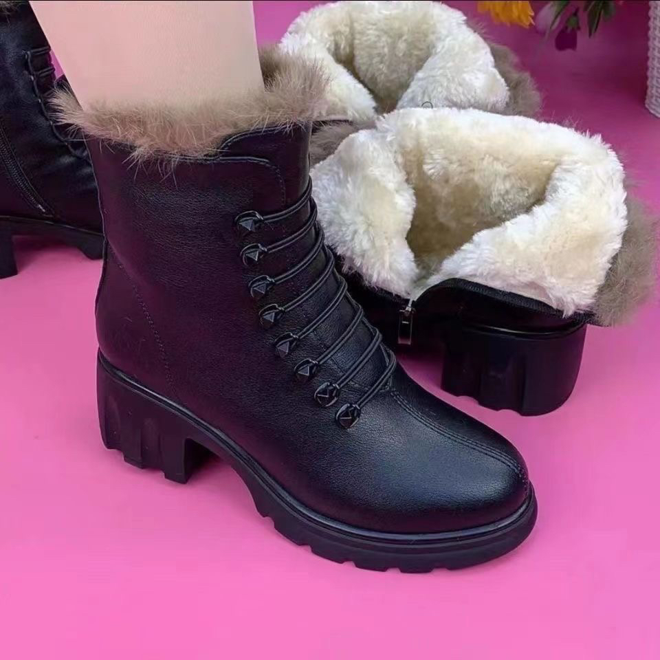 软皮粗跟厚底女士加绒靴子秋冬季短筒毛口马丁靴侧拉链英伦风女靴