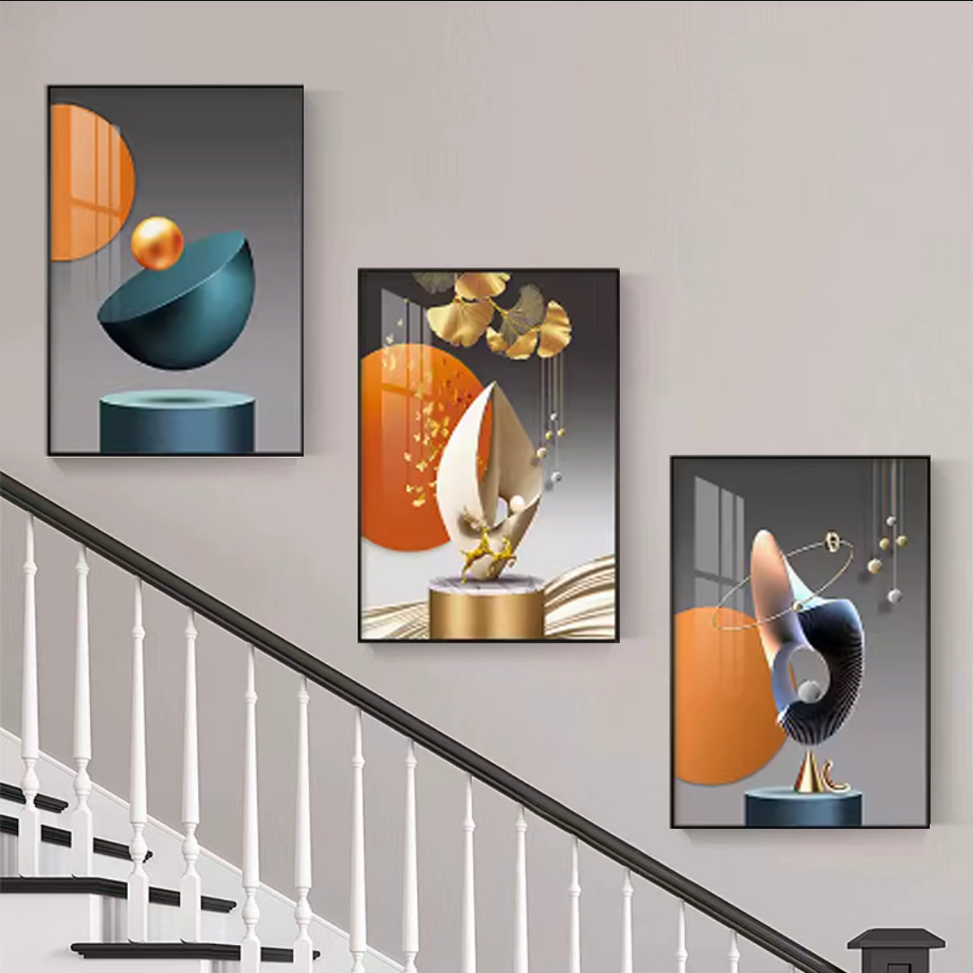 轻奢复式楼梯间装饰画现代简约走廊过道背景墙挂画客厅沙发三联画