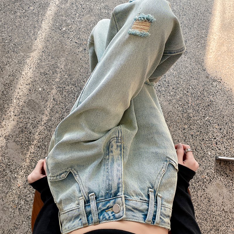 怀旧浅色破洞阔腿牛仔裤女高腰垂感2024春新款宽松显瘦直筒拖地裤