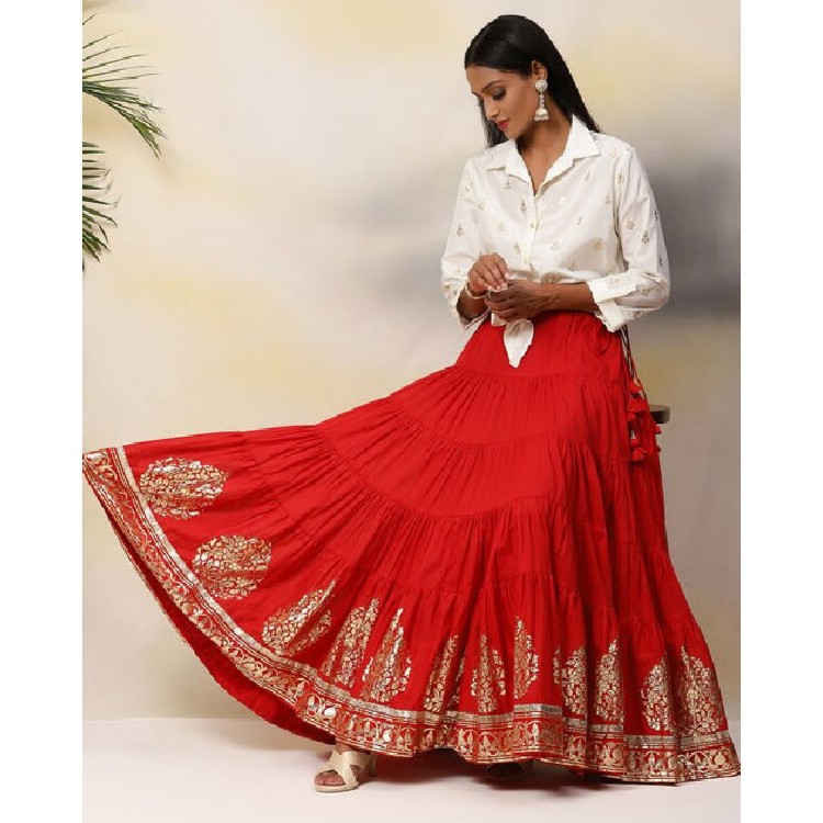 大摆裙大红色新疆舞印度舞舞蹈裙印花高腰民族风春夏网红舞台