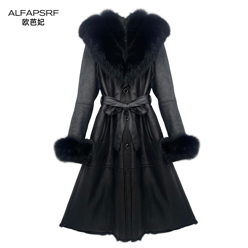 ALFAPSRF/歐芭妃23580高端气质狐狸毛领兔皮毛一体皮草外套女中长