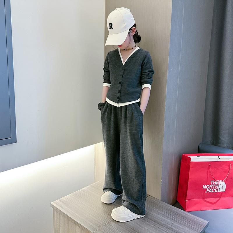 女童秋季套装2025新款休闲慵懒风儿童假两件针织阔腿裤两件套潮