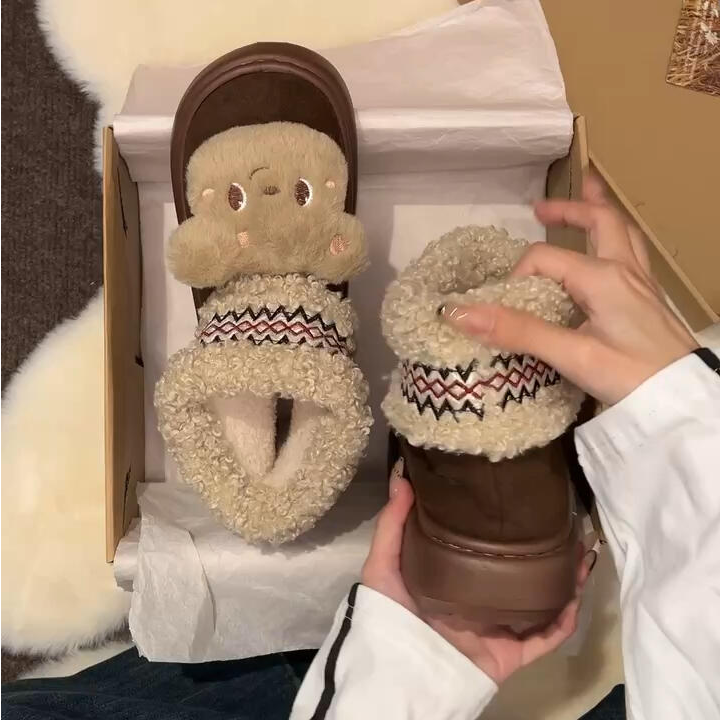 民族风厚底加绒可爱雪地靴2024秋冬新款舒适百搭一脚蹬防滑棉鞋女