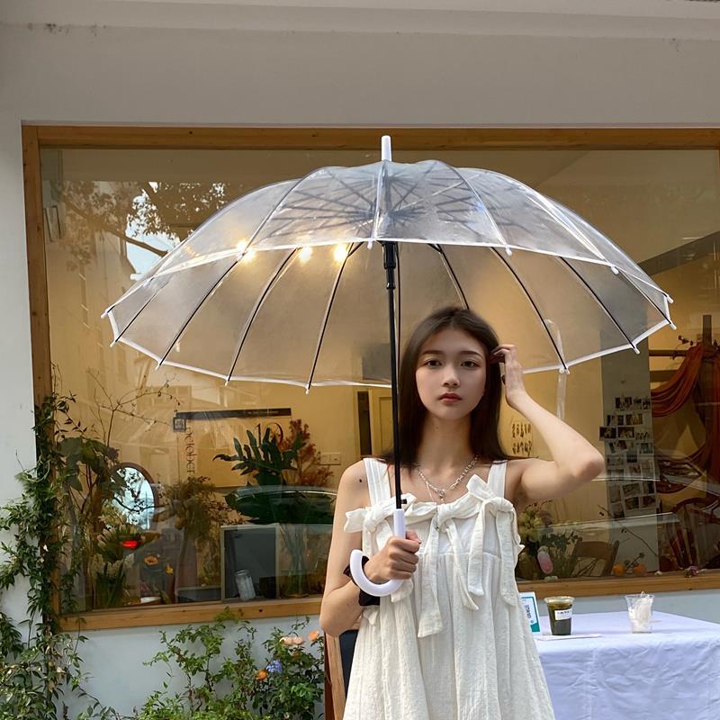 日系16骨透明雨伞长柄大号双人女白色网红小清新伞自动结实加大