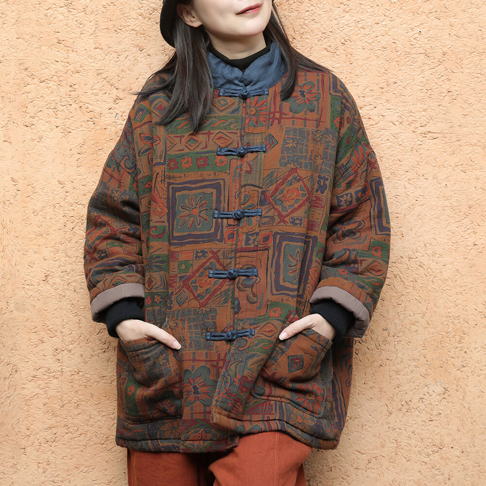 乱在江南新中式复古夹棉外套女冬季新品怀旧港风外套撞色宽松棉服