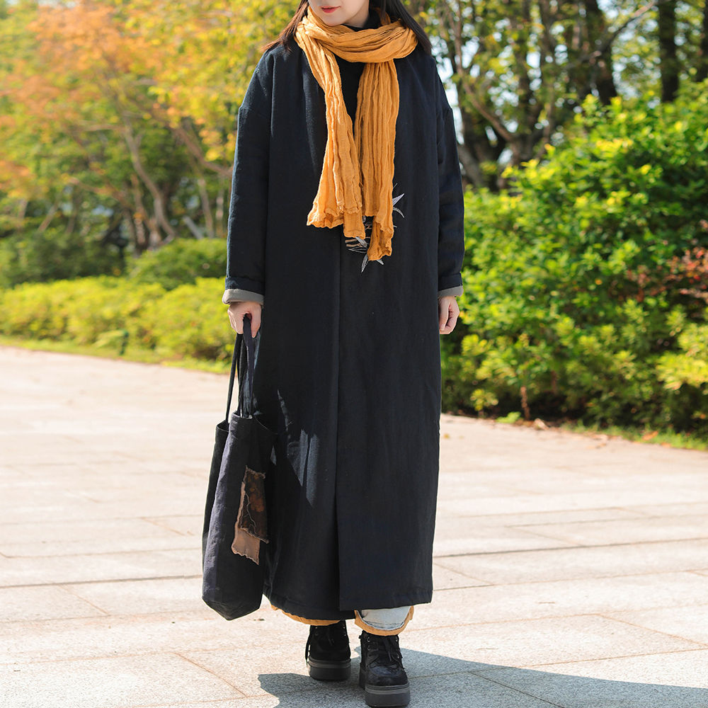 时尚刺绣深色长款外套秋冬简约舒适百搭外套大衣中长款加厚中国风