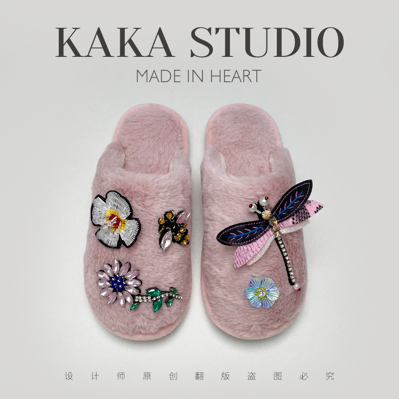 百搭水钻蜻蜓包头拖鞋秋冬情侣款居家加绒加厚保暖棉拖鞋男女一对