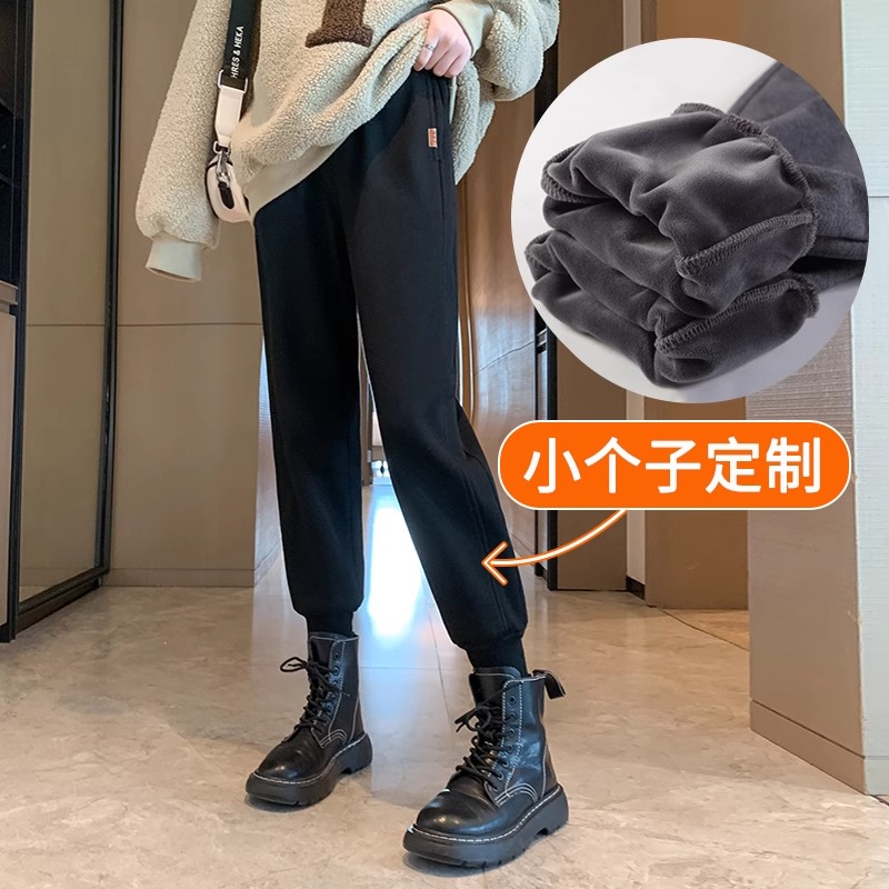 加绒运动裤女春秋束脚休闲裤子小个子八分145-150加厚秋冬卫裤女