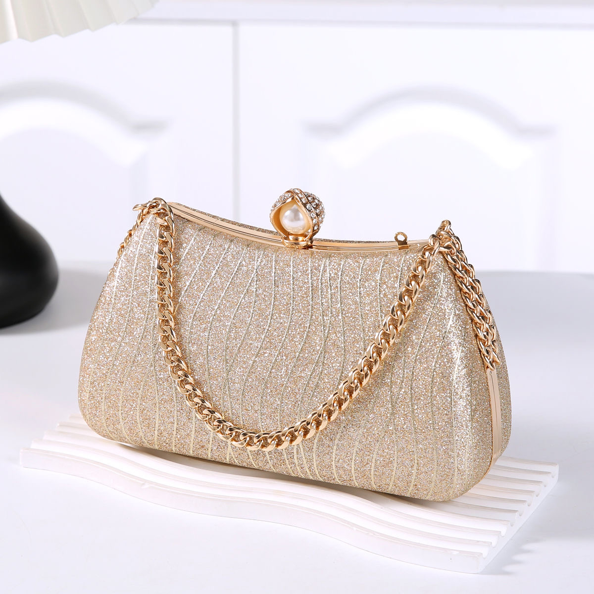 【波纹格利】晚宴包女气质链条手提包名媛珍珠斜挎单肩潮流宴会包B