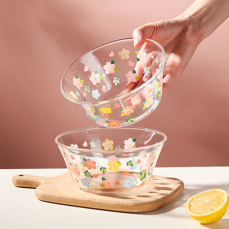 两只装小花系列800ml玻璃大碗家用米饭碗汤碗水果沙拉碗