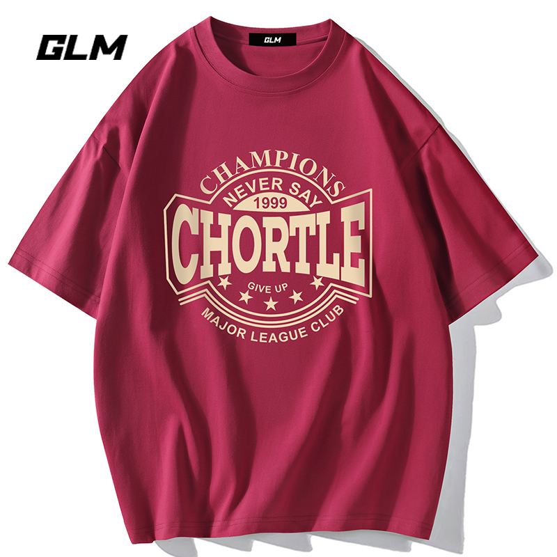 GLM夏季纯棉红色潮流男士短袖T恤休闲印花上衣圆领半袖体恤衣服装