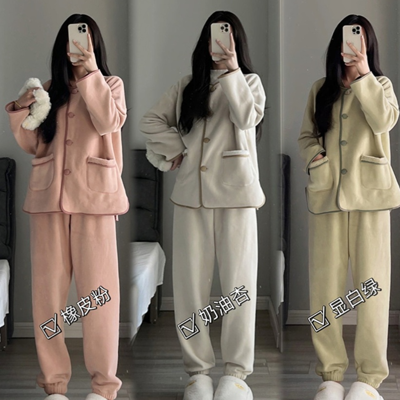 【糯叽叽口袋】小香风纯色珊瑚绒睡衣女套装加绒加厚冬季毛绒家居服