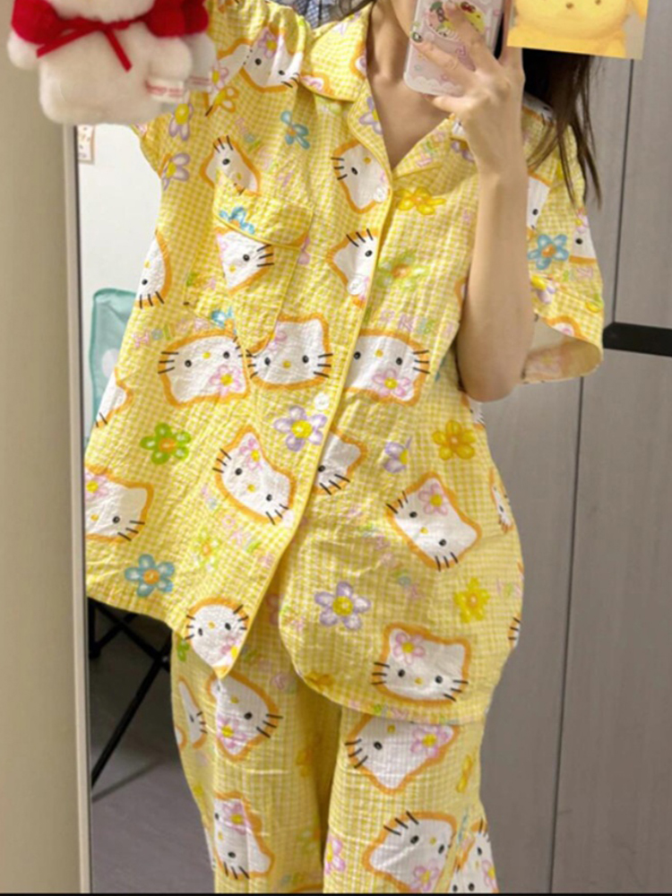 hellokitty睡衣女套装夏季薄款黄色格纹短袖长裤子可爱卡通家居服
