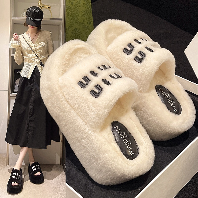 8cm厚底毛毛拖鞋女外穿加绒保暖防滑网红秋冬季2025新款棉拖鞋子