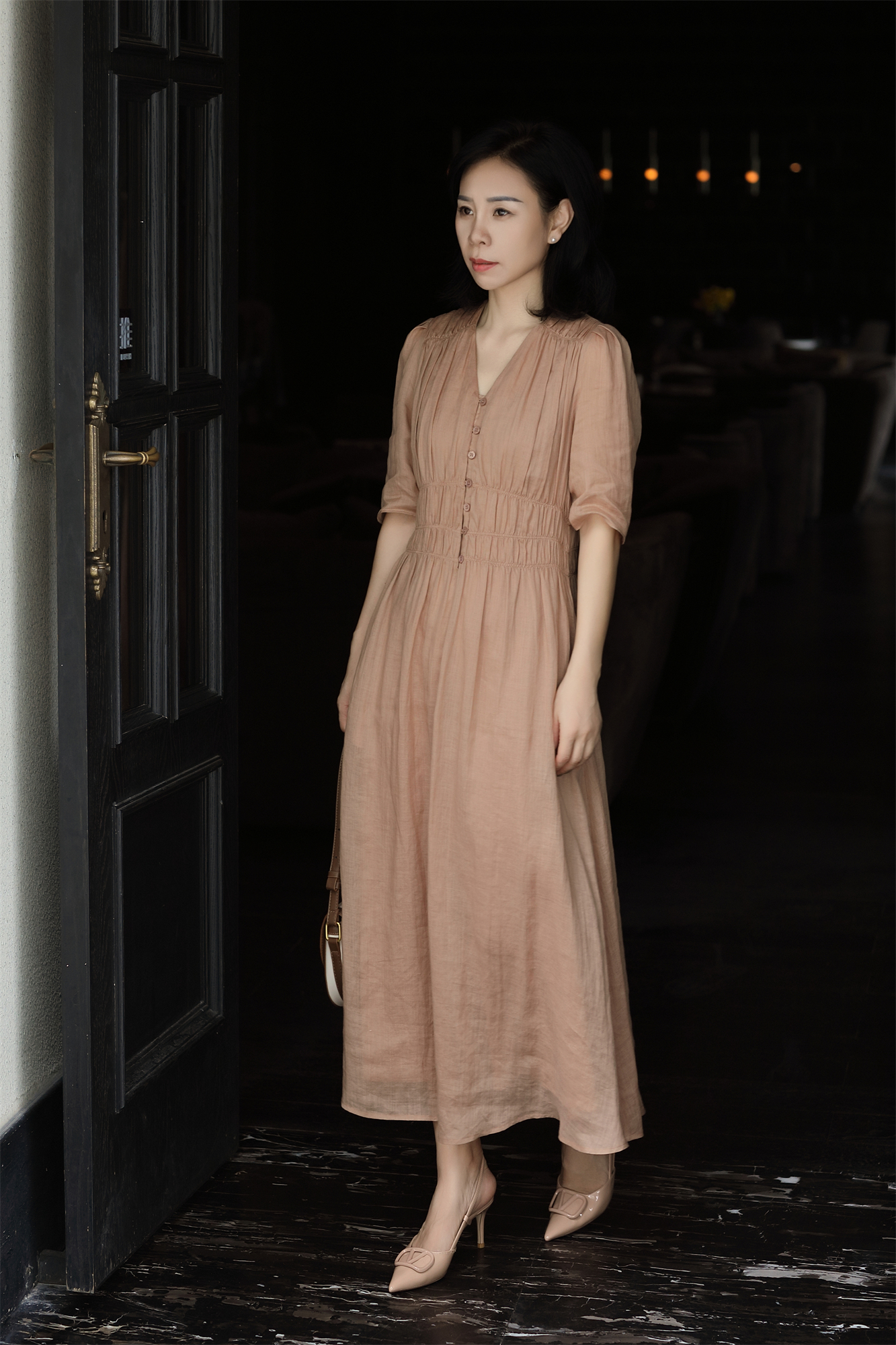 【杜小小】“法式优雅”时尚气质苎麻打揽设计腰显瘦百搭女装连衣裙35