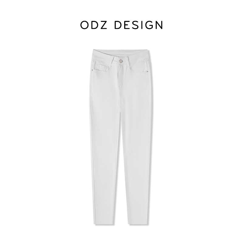 【ODZ】-威尼斯-白色高腰修身弹力女士牛仔裤春季新款显瘦小脚裤
