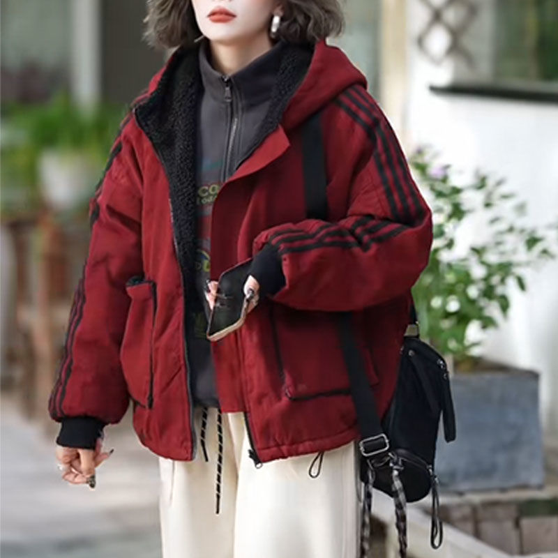 两面可穿棉服外套女2025秋冬新款时尚宽松显瘦大口袋加厚连帽棉衣