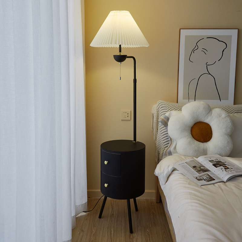 简约风床头柜落地灯奶油风一体式置物茶几卧室轻奢客厅沙发边几灯